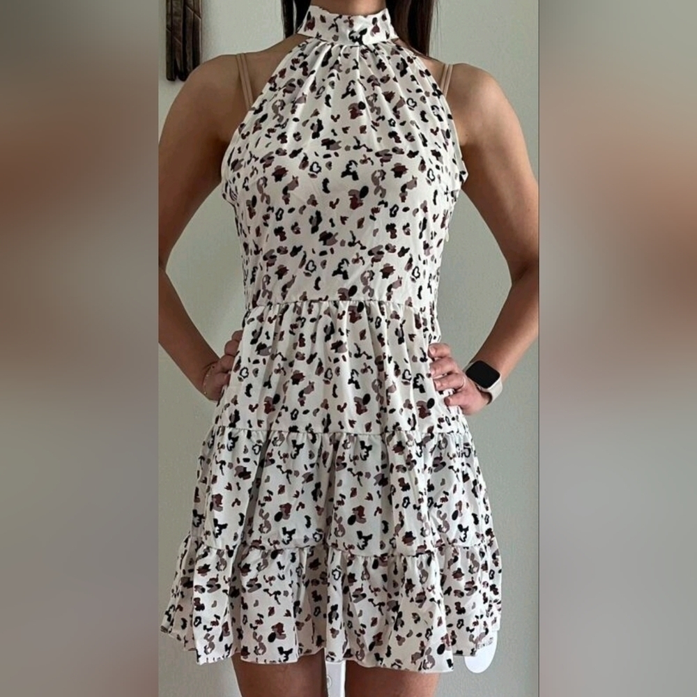 Women's Allover Print Halter Neck Ruffle Hem Tie Back Dress